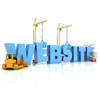 Website ready for review sign with cranes, scaffolding and a bulldozer.